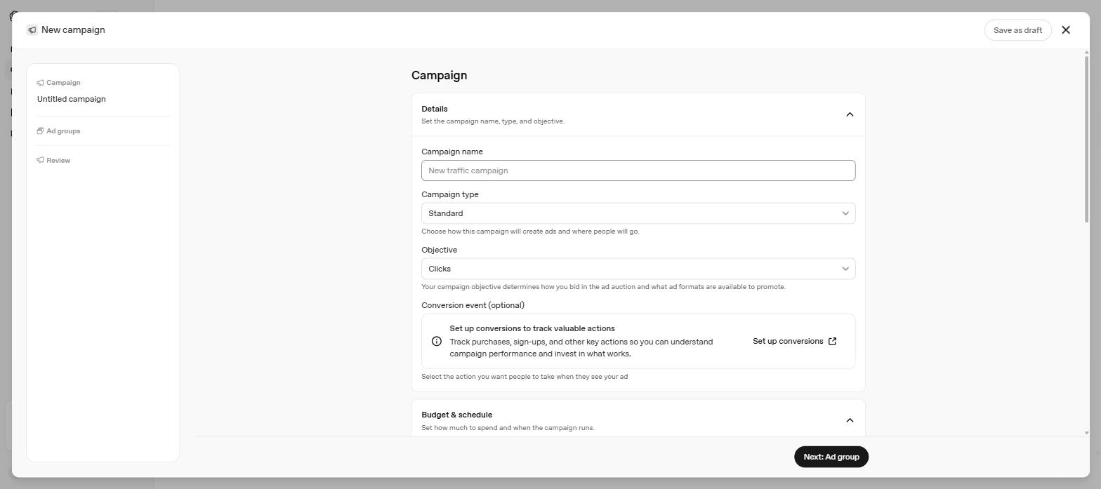 מסך יצירת קמפיין חדש בOpenAI Ads Manager עם סוג קמפיין ויעד